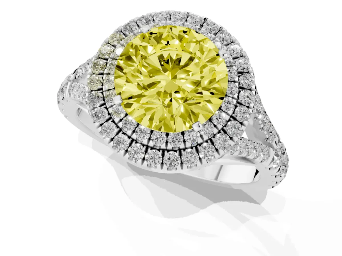Fancy Yellow Round Cut Diamond Double Halo Ring with Split Shank and Prong Setting Platinum