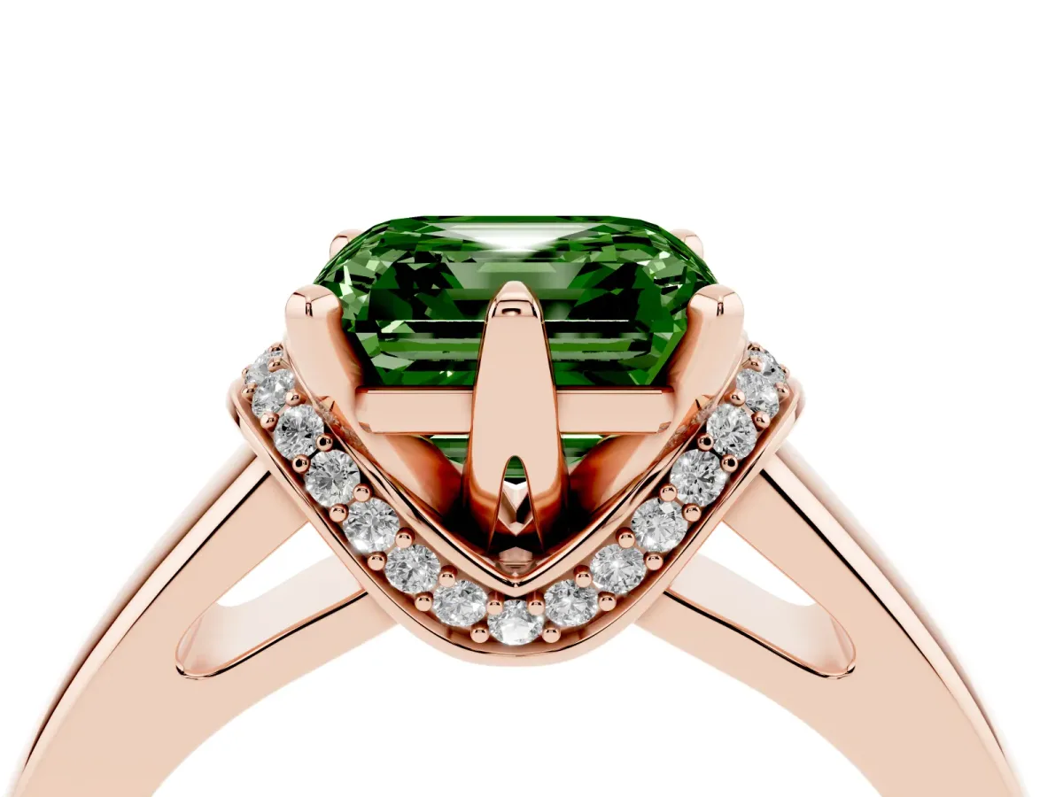 Fancy Green Asscher Cut Solitaire Diamond Ring with Pave Band and Six-Prong Setting Rose gold