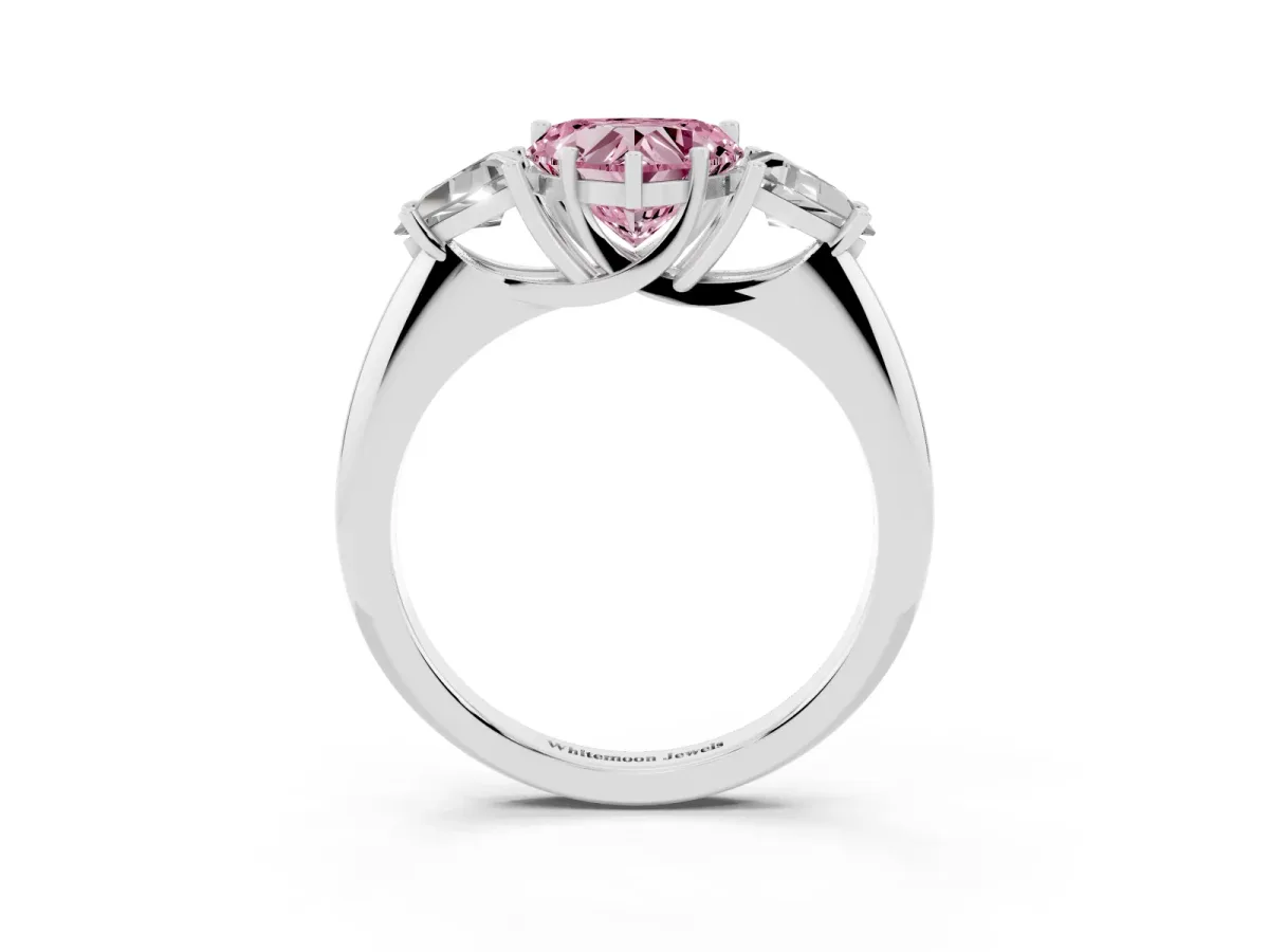 Fancy Pink Three-Stone Heart Cut Diamond Engagement Ring with Trillion Side Stones and Prong Setting Silver