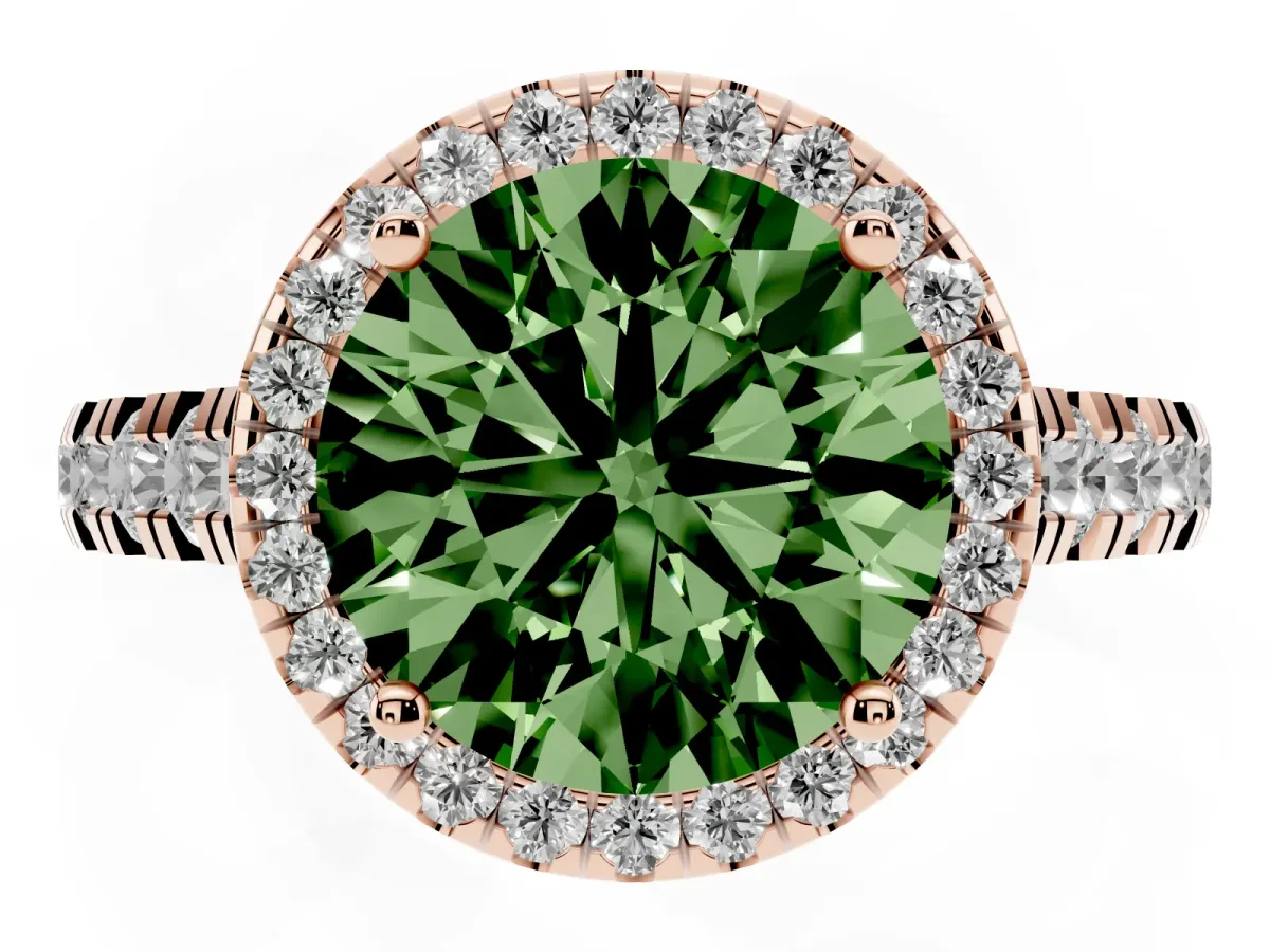 Fancy Green Round Cut Halo Pavé Diamond Engagement Ring with Four-Prong Setting Rose gold