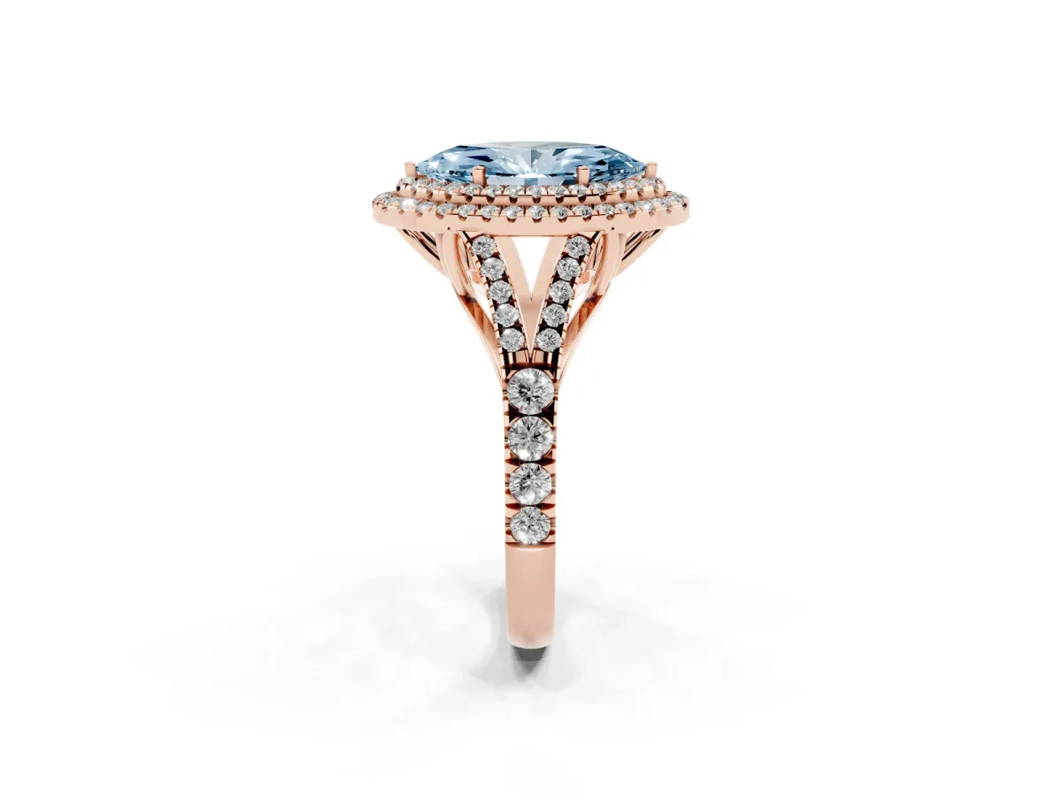 Fancy Blue Marquise Cut Cut Double Halo Split Shank Diamond Ring with Prong Setting Rose gold