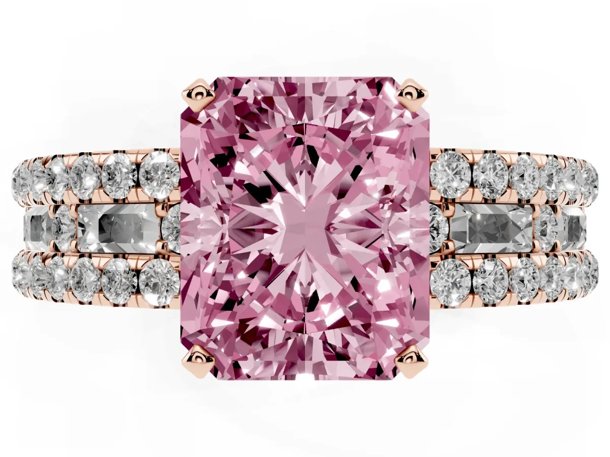 Fancy Pink Radiant Cut Diamond Solitaire Ring with Pavé and Channel Set Band Rose gold