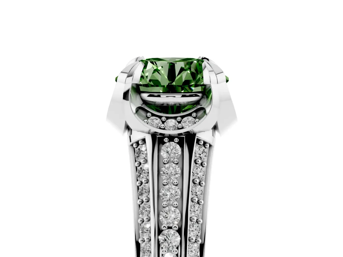 Fancy Green Round Cut Solitaire Pave Split Shank Ring with Four-Prong Setting Platinum