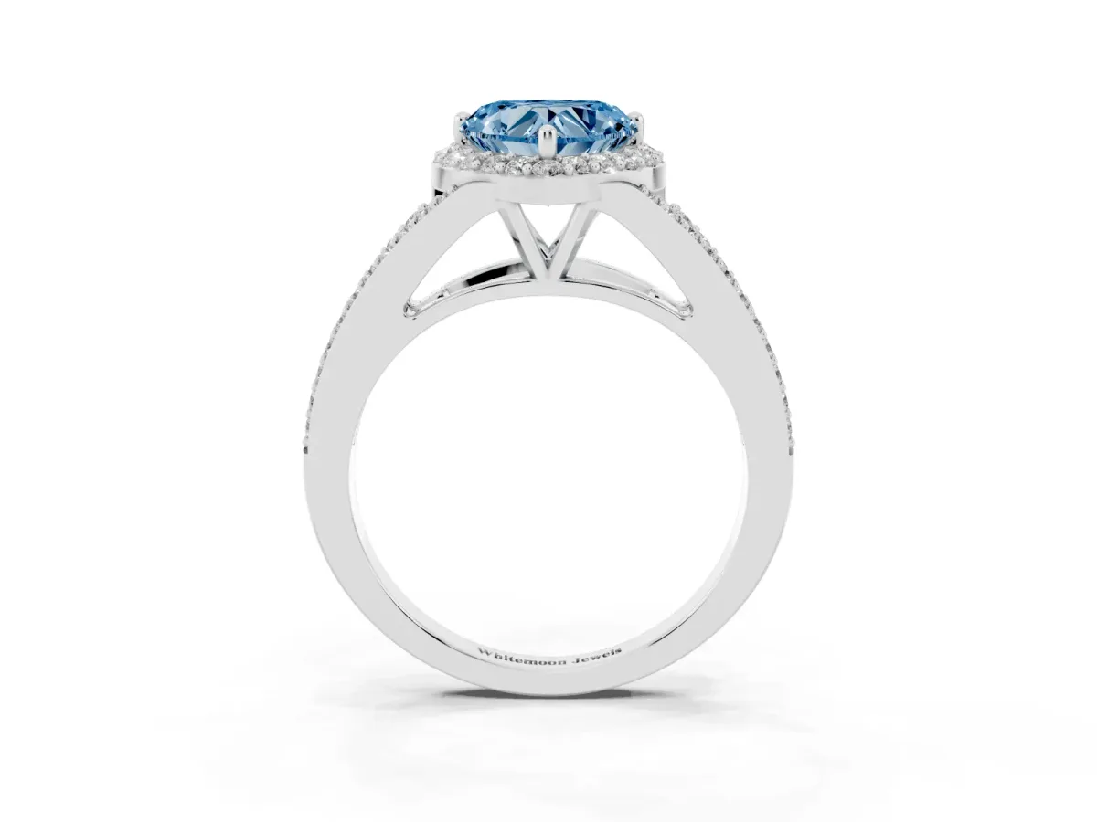 Fancy Blue Heart Cut Halo Split Shank Diamond Ring with Prong Setting Silver