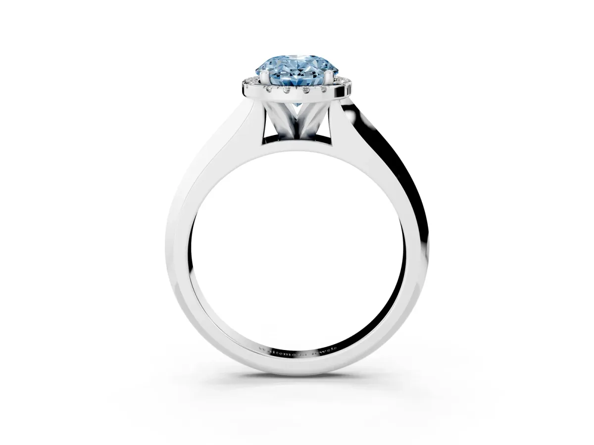 Fancy Blue Oval Cut Halo Diamond Ring with Cathedral Band and Four-Prong Setting Platinum