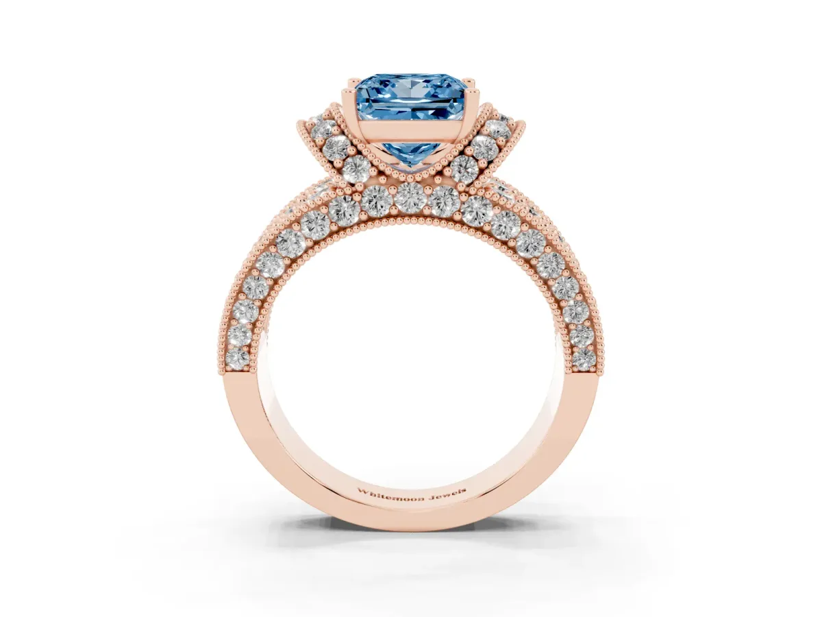 Fancy Blue Princess Cut Halo Pave Diamond Engagement Ring with Milgrain Detailing Rose gold