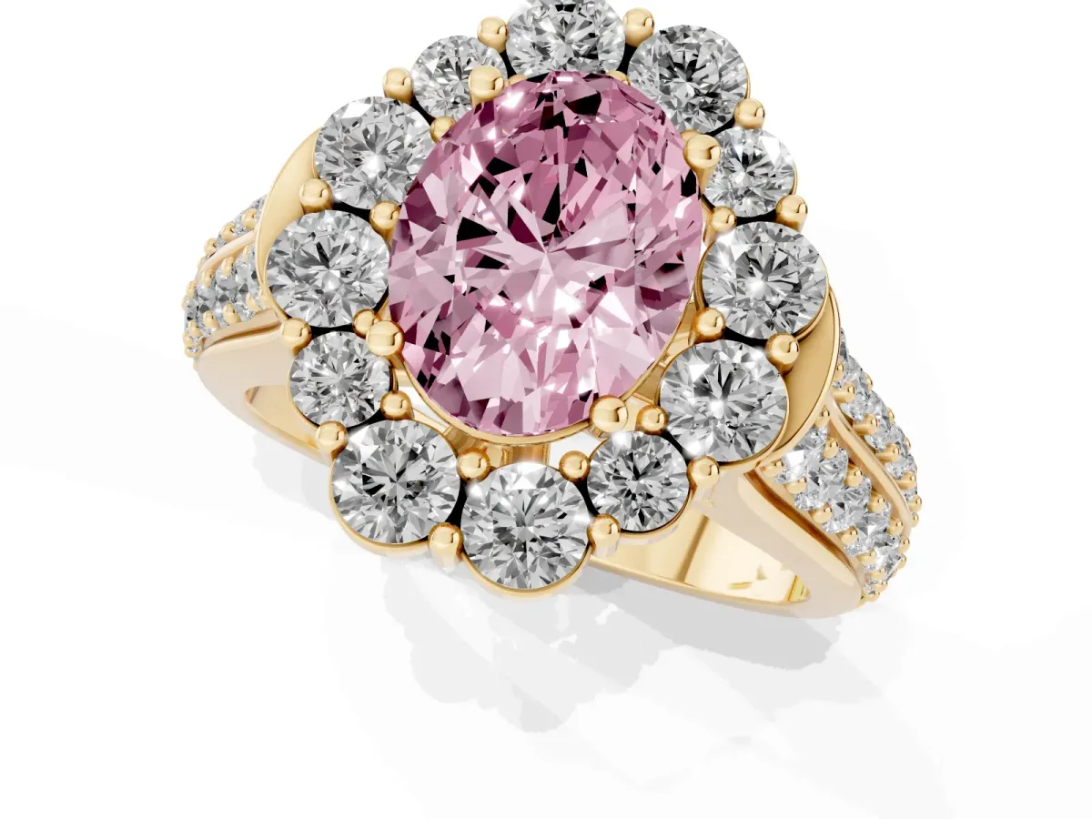Fancy Pink Oval Cut Halo Diamond Engagement Ring with Split Shank and Prong Setting Yellow gold