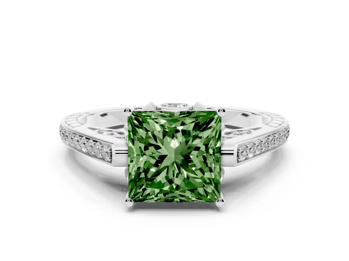 Fancy Green Princess Cut Cut Cathedral Pave Diamond Engagement Ring with Six-Prong Setting Silver