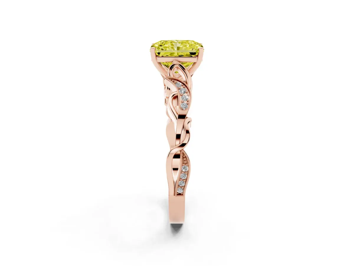 Fancy Yellow Radiant Cut Solitaire Vine Band with Milgrain Prong Setting Rose gold