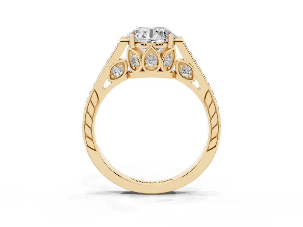 Round Cut Cut Cathedral Pave Diamond Engagement Ring with Six-Prong Setting Yellow gold