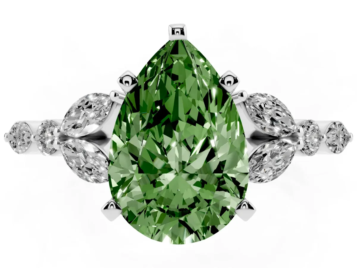 Fancy Green Pear Cut Diamond Solitaire Ring with Side Stones and Four-Prong Setting Silver
