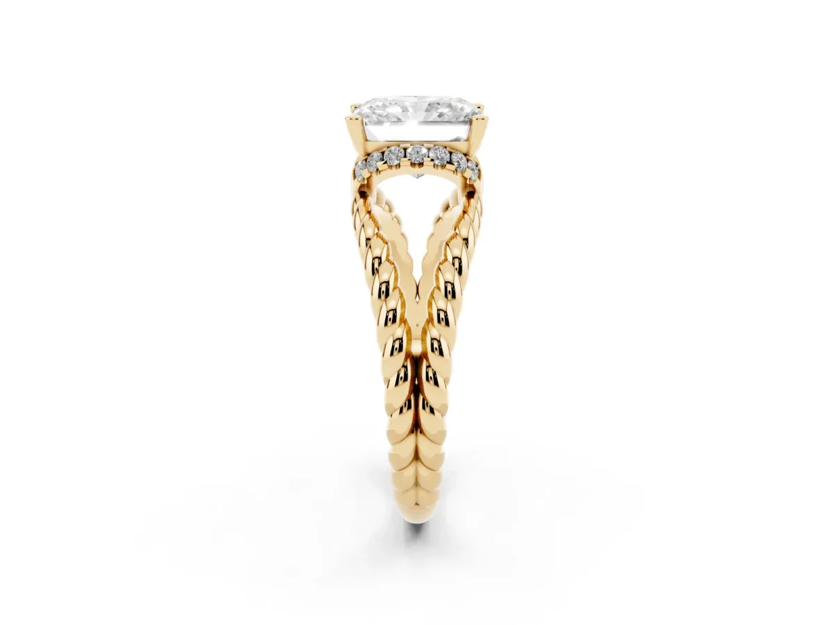 Radiant Cut Halo Twisted Band Four-Prong Ring Yellow gold