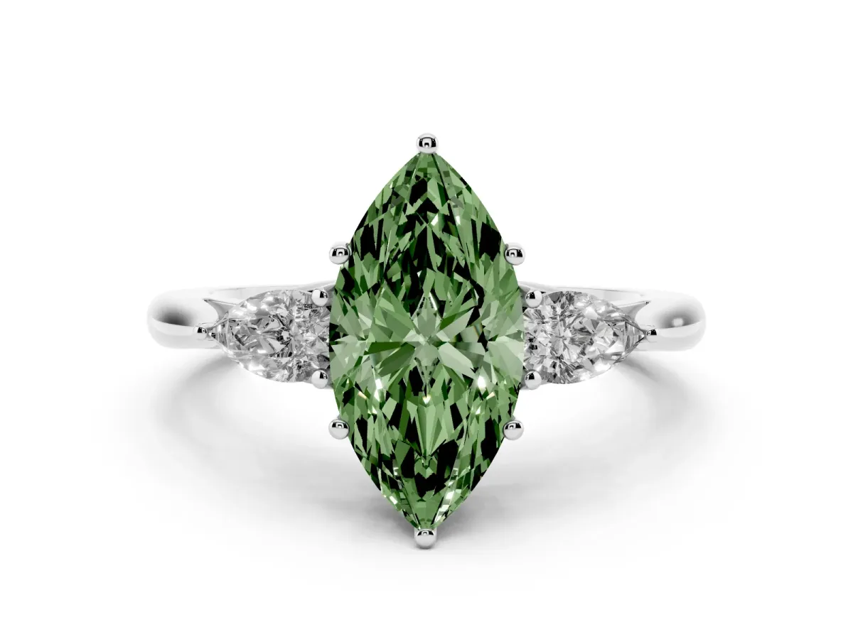 Fancy Green Three-Stone Marquise Cut Diamond Ring with Pear Side Stones in Four-Prong Setting Silver