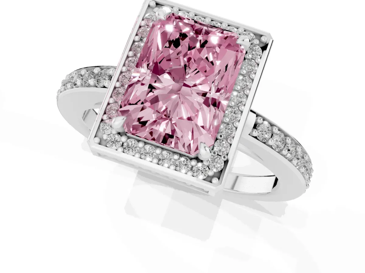 Fancy Pink Radiant Cut Halo Pave Band Solitaire Ring with Prong Setting Silver