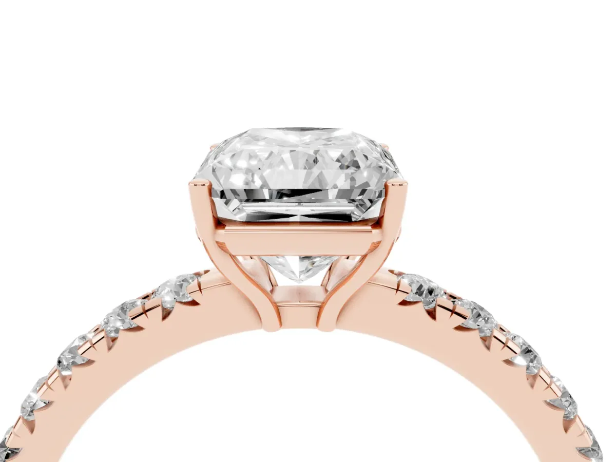 Radiant Cut Diamond Pavé Solitaire Engagement Ring with Four-Prong Setting Rose gold