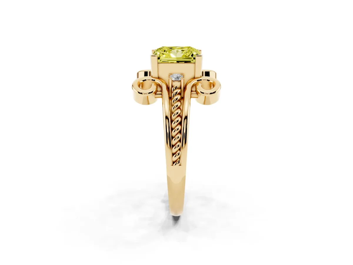 Fancy Yellow Princess Cut Solitaire Twisted Band Scroll Prong Ring Yellow gold