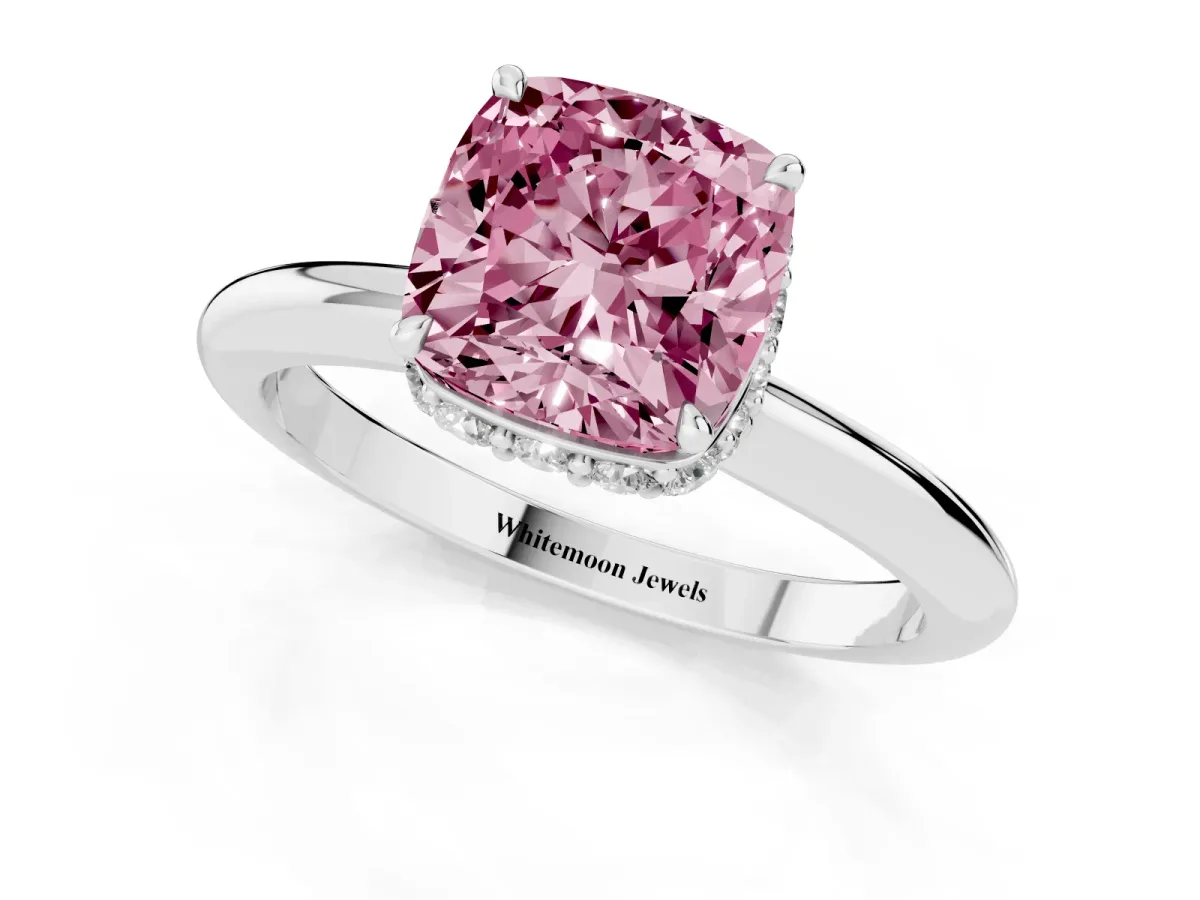 Fancy Pink Cushion Cut Brilliant Solitaire Engagement Ring with Six-Prong Setting and Classic Band Silver