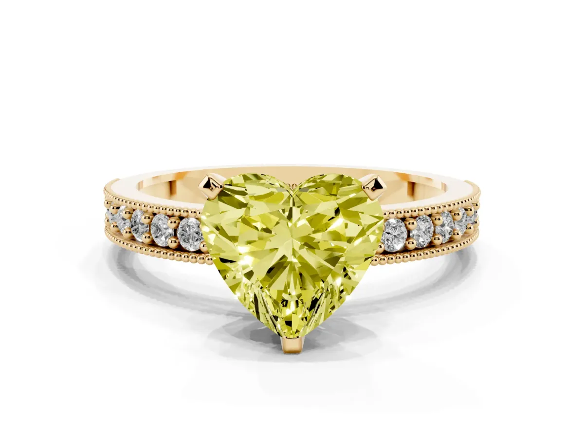 Fancy Yellow Heart Cut Diamond Milgrain Pavé Engagement Ring with Four-Prong Setting Yellow gold