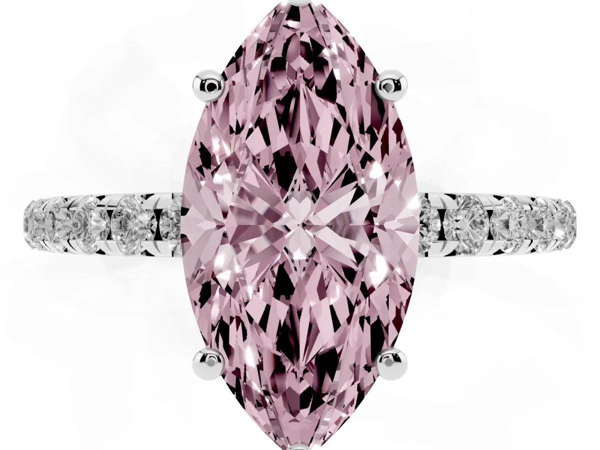 Fancy Pink Marquise Cut Cut Diamond Solitaire Ring with Micro Pave Band and Four Prong Setting Silver