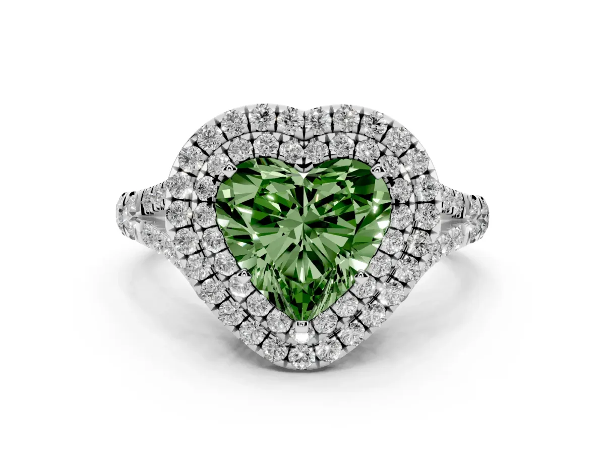 Fancy Green Double Halo Heart Cut Diamond Split Shank Engagement Ring with Four-Prong Setting Silver