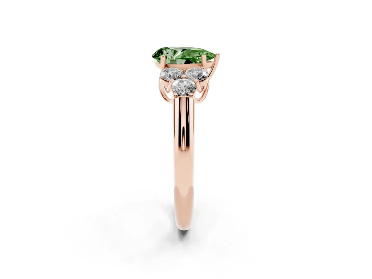 Fancy Green Pear Cut Cut Diamond Cluster Ring with Round Accent Stones and Prong Setting on a Classic Band Rose gold