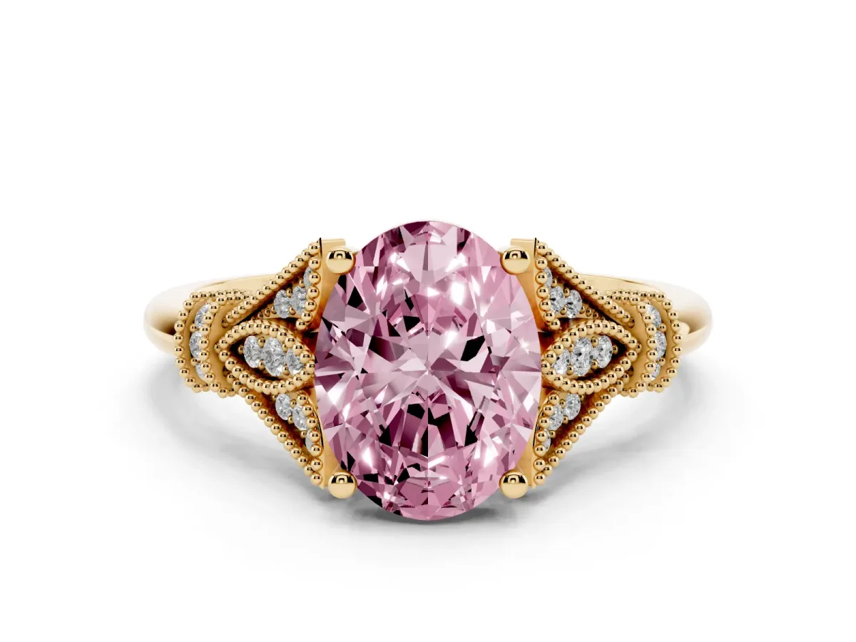 Fancy Pink Oval Cut Diamond Solitaire Ring with Floral Filigree and Pave Accents Yellow gold