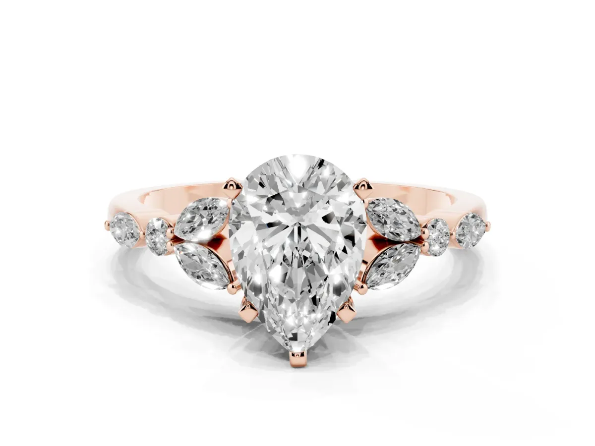 Pear Cut Diamond Solitaire Ring with Side Stones and Four-Prong Setting Rose gold