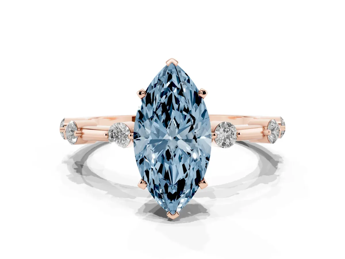 Fancy Blue Marquise Cut Solitaire Diamond Ring with Bezel Set Side Stones and Prong Setting Rose gold