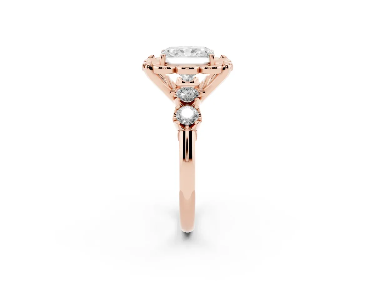Radiant Cut Cut Diamond Floral Halo Engagement Ring with Shared Prong Setting Rose gold