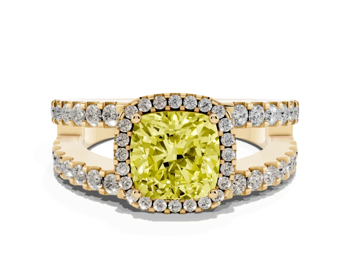 Fancy Yellow Cushion Cut Cut Halo Split Shank Diamond Ring with Four-Prong Setting Yellow gold