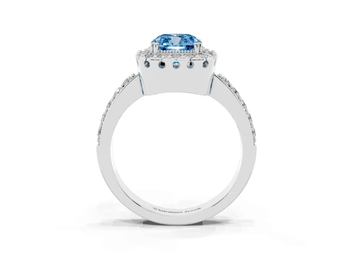 Fancy Blue Cushion Cut Diamond Halo Ring with Pavé Band and Prong Setting Platinum