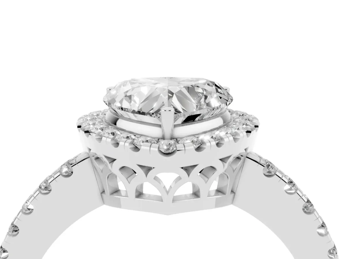 Heart Cut Halo Diamond Engagement Ring with Pavé Band and Four-Prong Setting Platinum