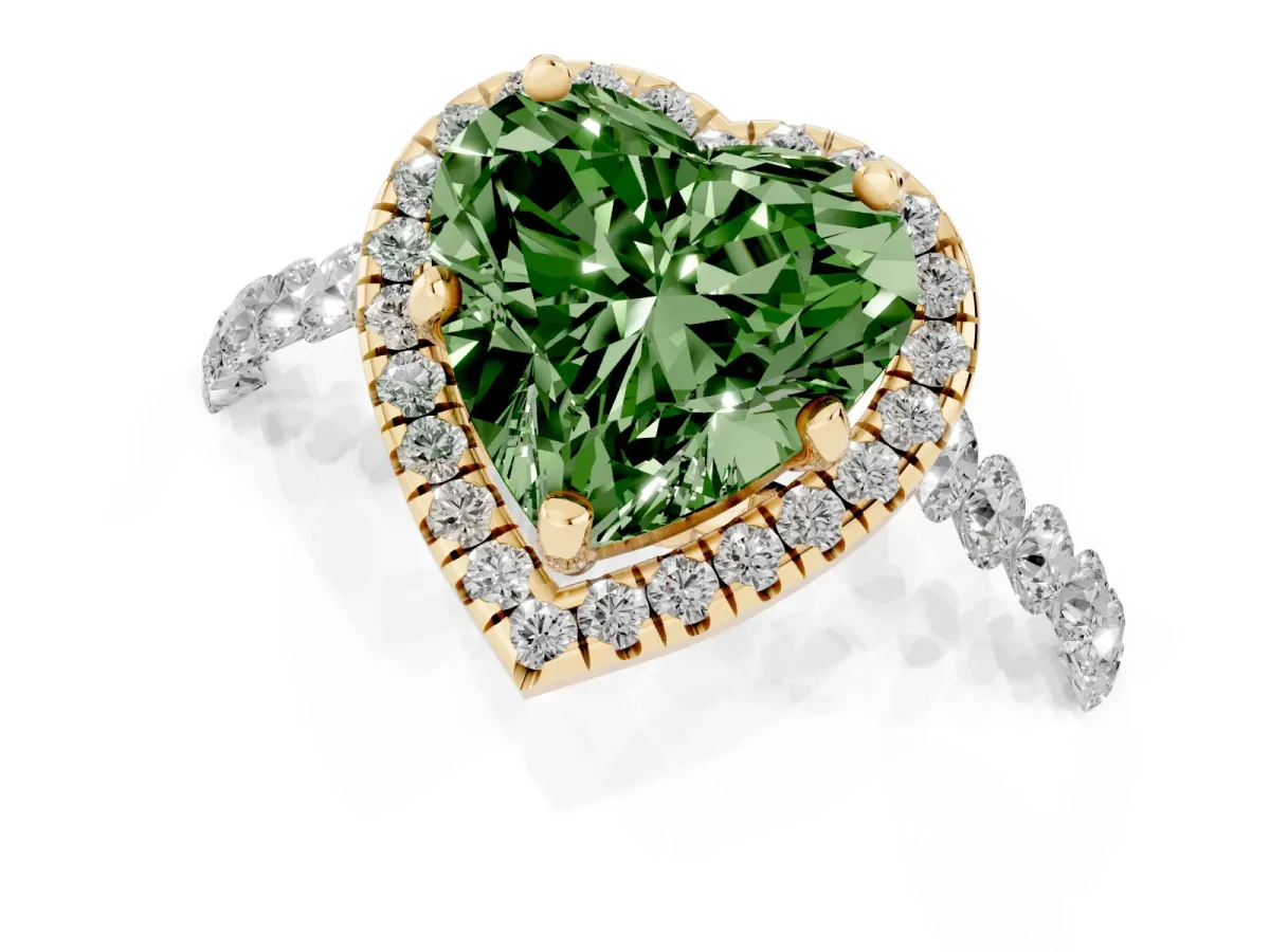 Fancy Green Heart Cut Halo Pavé Diamond Engagement Ring with Four-Prong Setting Yellow gold