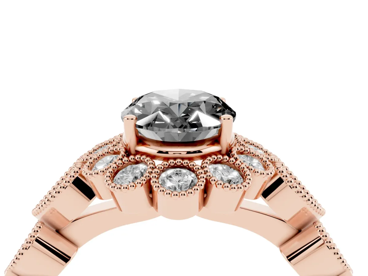 Fancy Black Oval Cut Brilliant Milgrain Pave Heart Band Solitaire Ring Rose gold