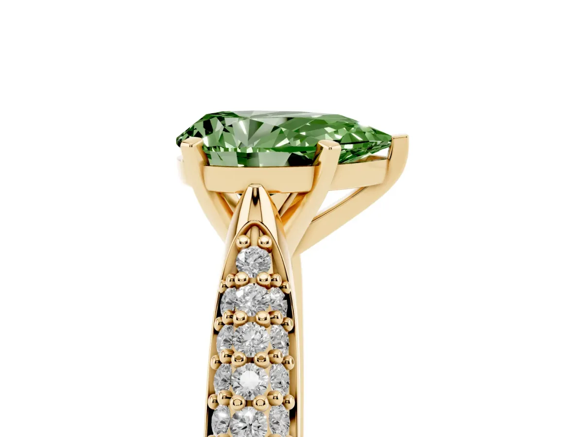 Fancy Green Pear Cut Diamond Solitaire Engagement Ring with Multi-Row Round Pavé Band and Prong Setting Yellow gold