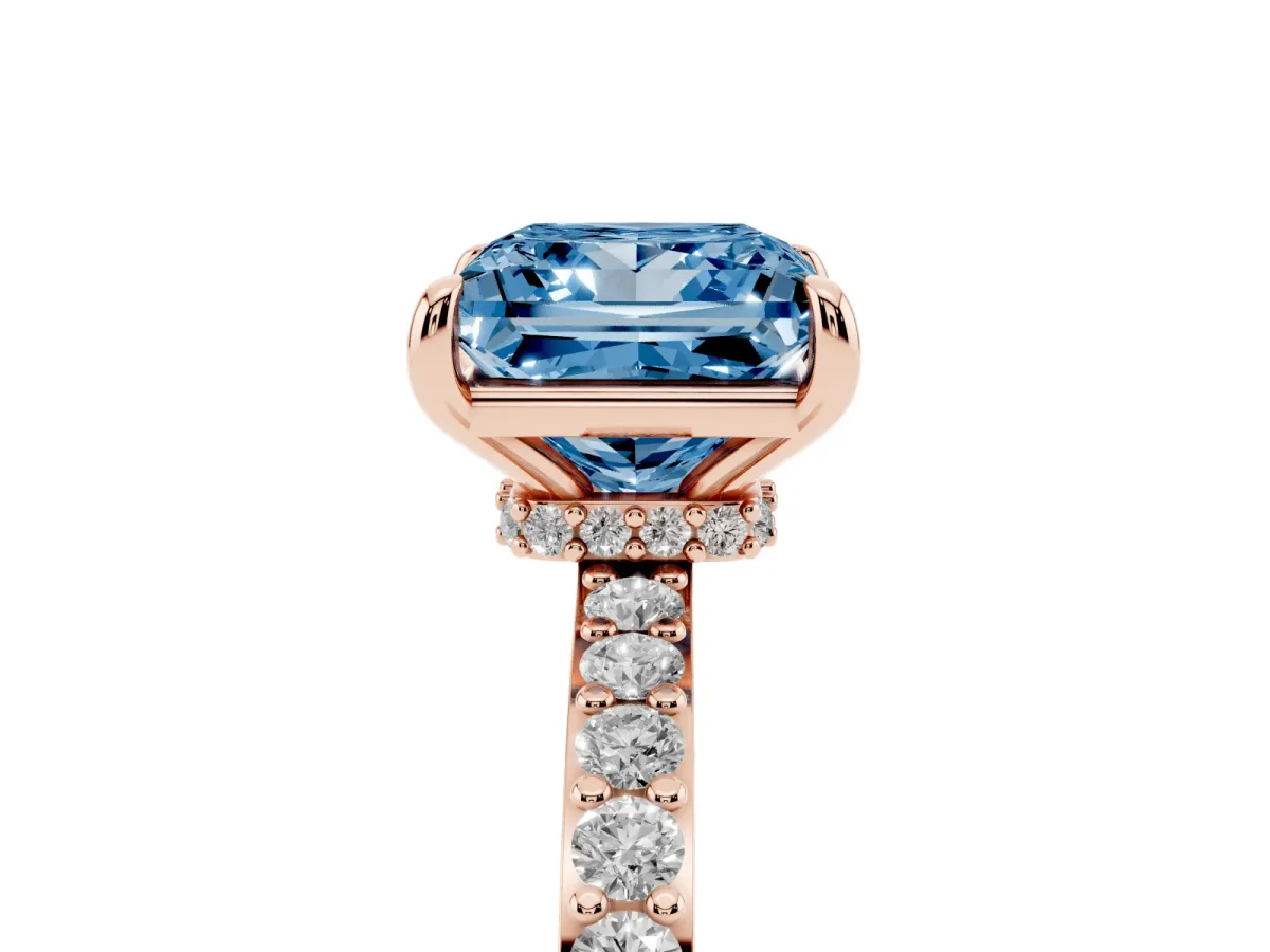 Fancy Blue Princess Cut Diamond Pavé Engagement Ring with Round Accents and Prong Setting Rose gold
