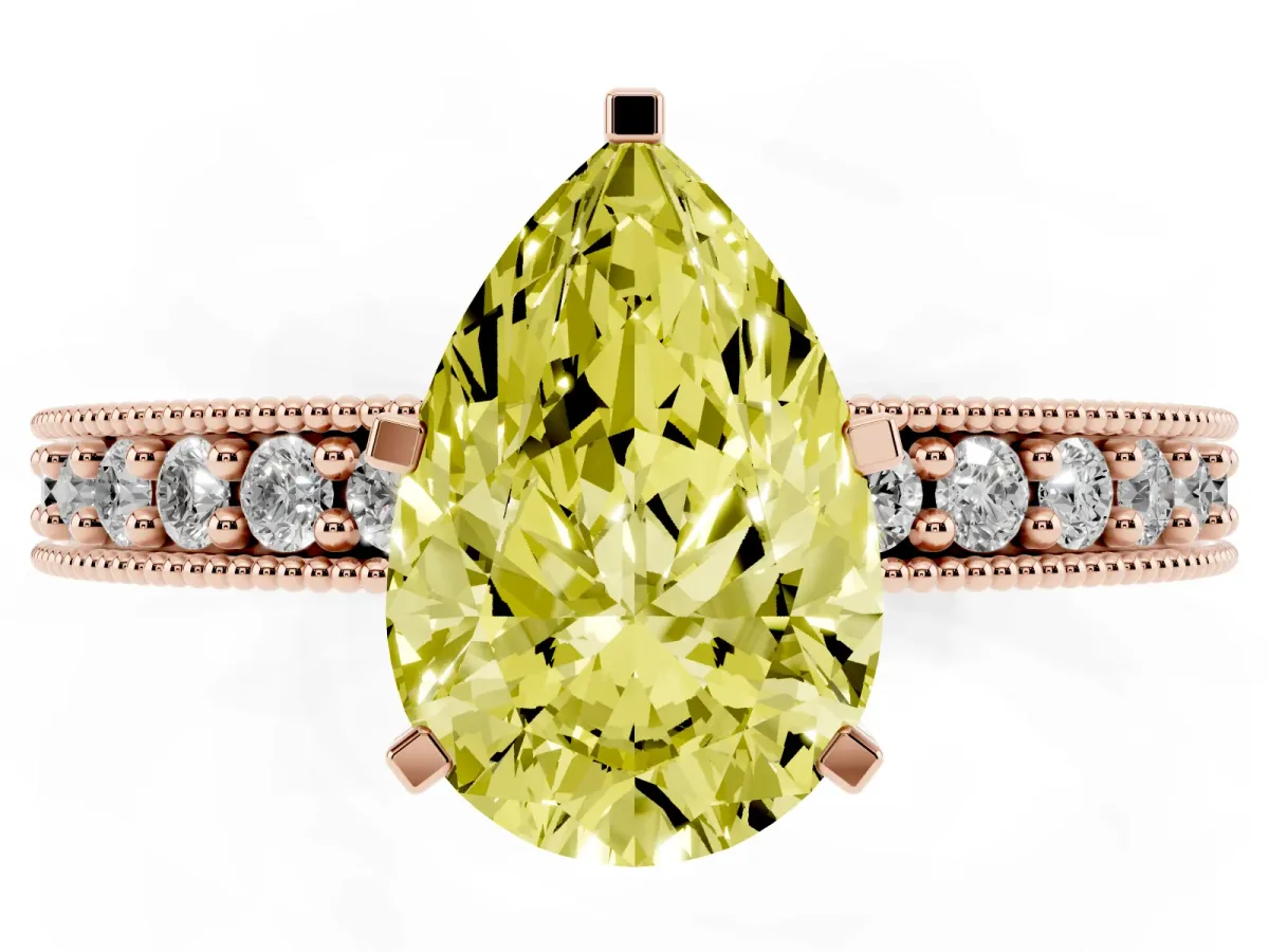 Fancy Yellow Pear Cut Diamond Milgrain Pavé Engagement Ring with Four-Prong Setting Rose gold