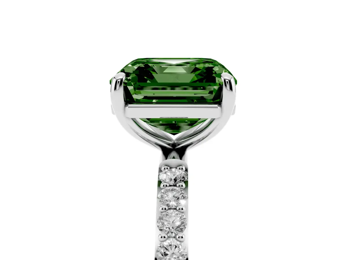 Fancy Green Asscher Cut Diamond Solitaire Ring with Round Pavé Band and Prong Setting Silver