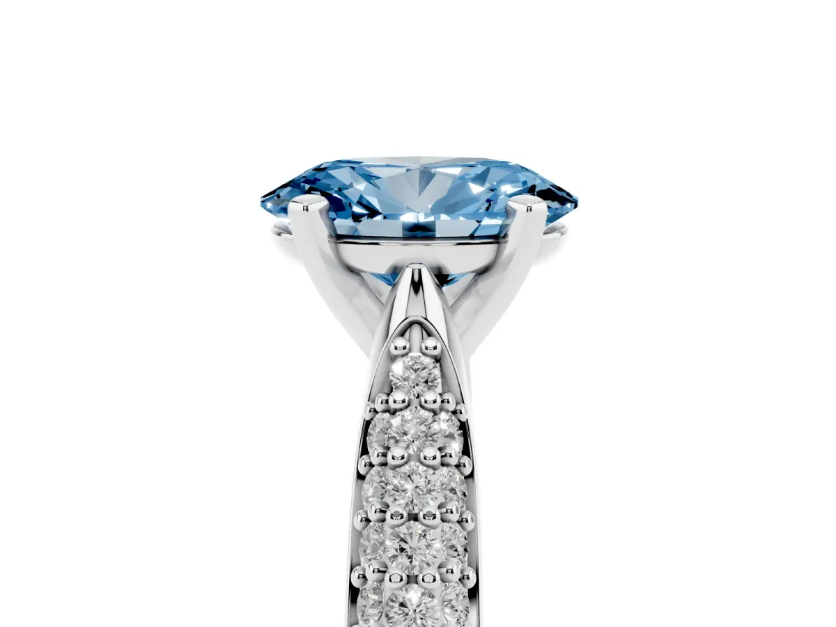 Fancy Blue Oval Cut Diamond Solitaire Engagement Ring with Multi-Row Round Pavé Band and Prong Setting Silver