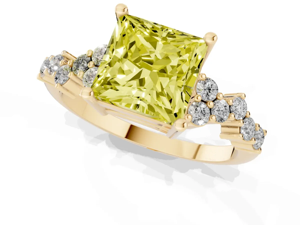 Fancy Yellow Princess Cut Diamond Scattered Round Accent Ring with Prong Setting Yellow gold