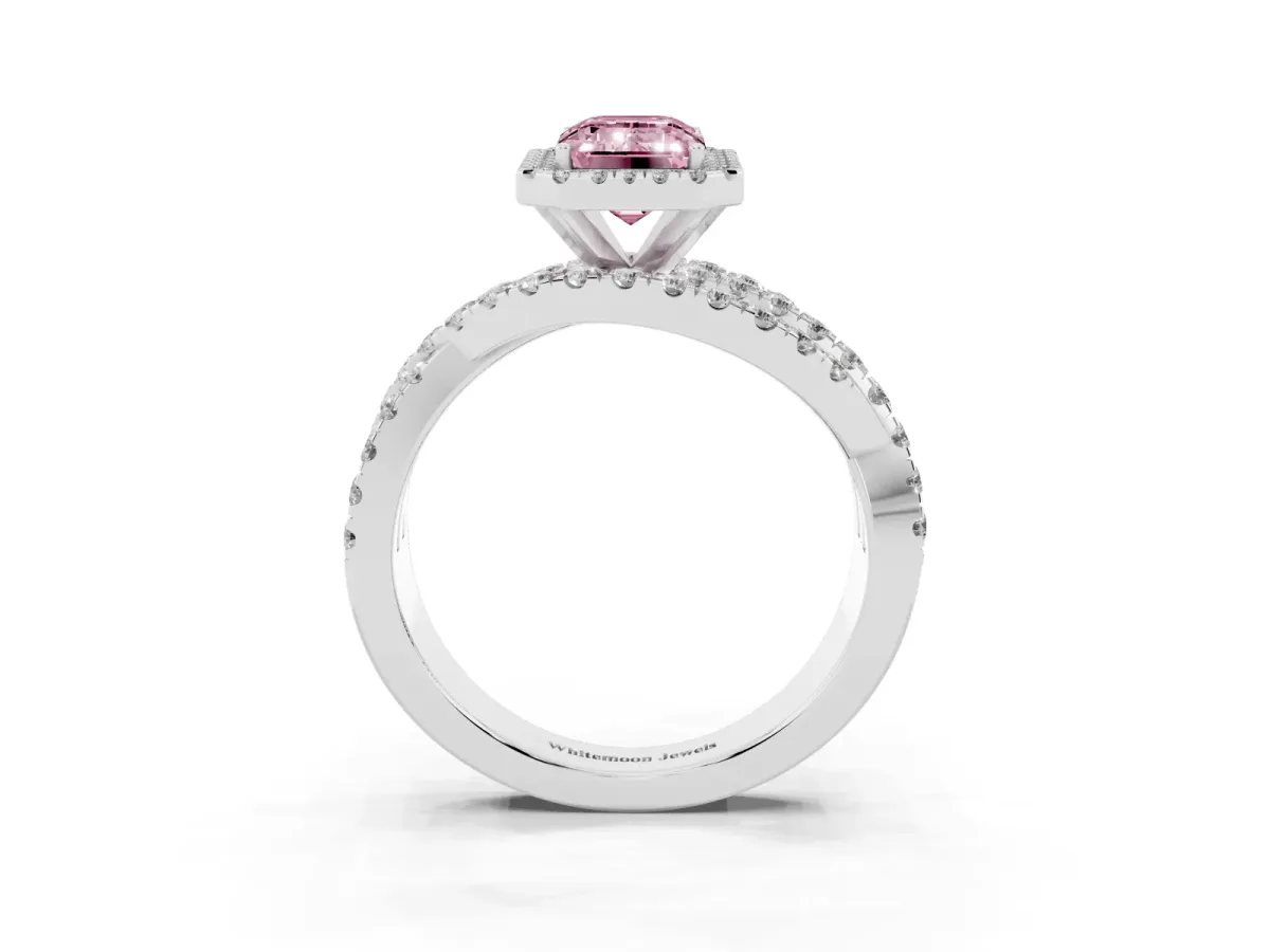 Fancy Pink Emerald Cut Diamond Halo Ring with Round Split Shank and Prong Setting Platinum