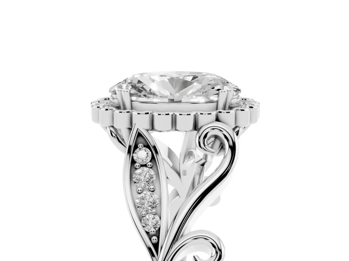 Oval Cut Diamond Halo Ring with Vintage Split Shank and Four-Prong Setting Silver