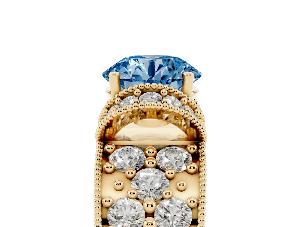 Fancy Blue Round Cut Halo Pave Diamond Engagement Ring with Milgrain Detailing Yellow gold