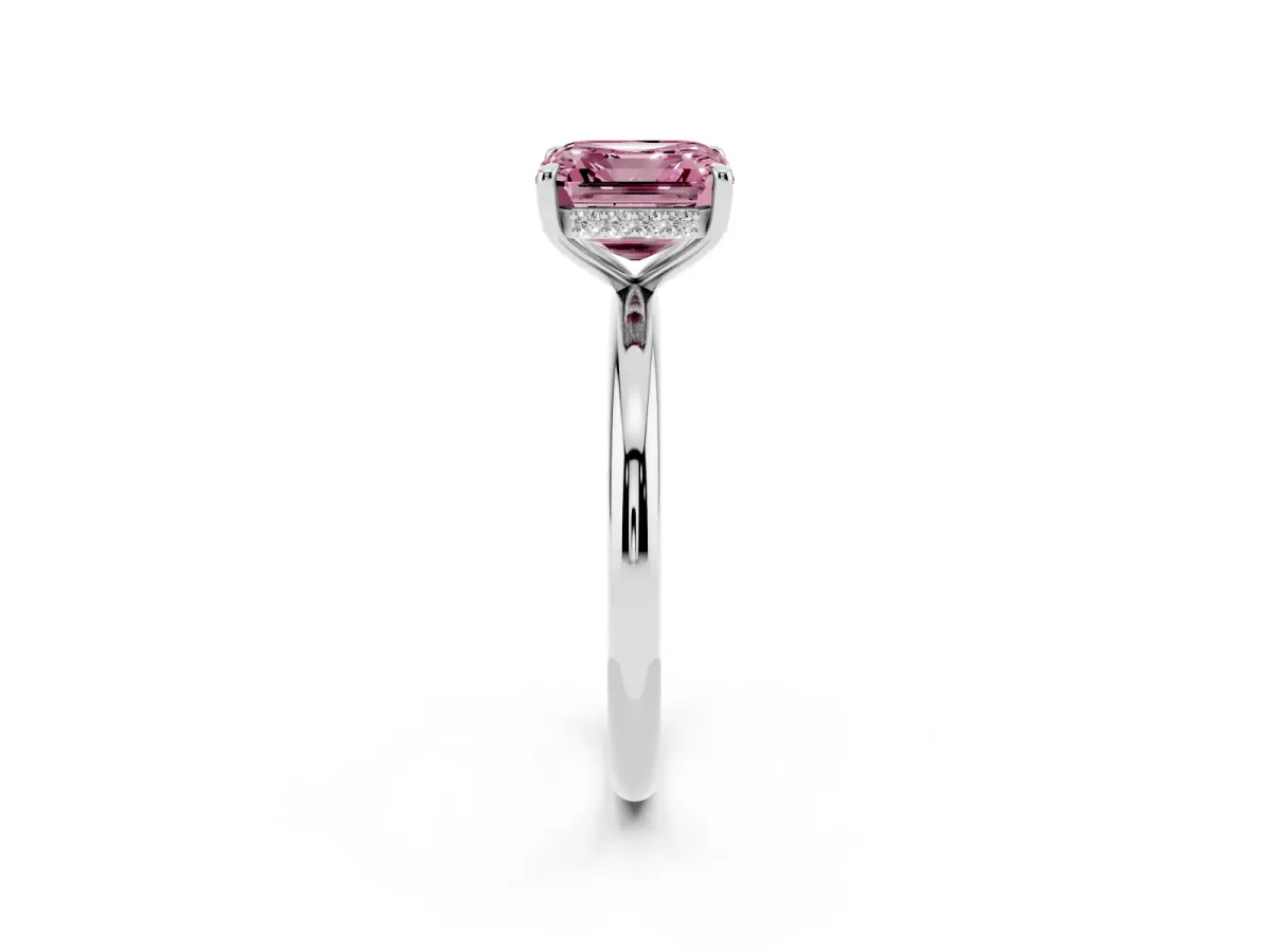 Fancy Pink Asscher Cut Diamond Solitaire Ring with Thin Band and Four-Prong Setting Silver