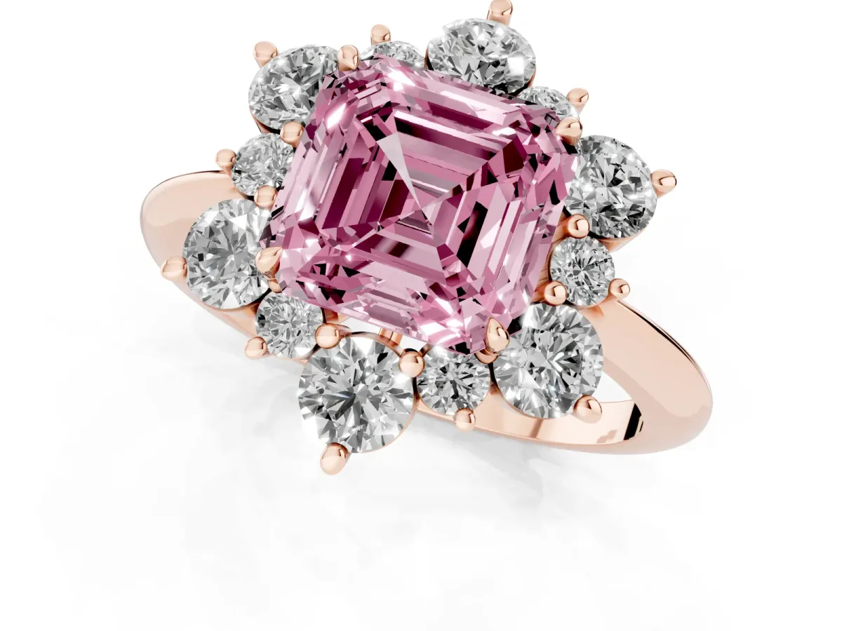 Fancy Pink Asscher Cut Diamond Cluster Halo Ring with Solitaire Band and Four-Prong Setting Rose gold