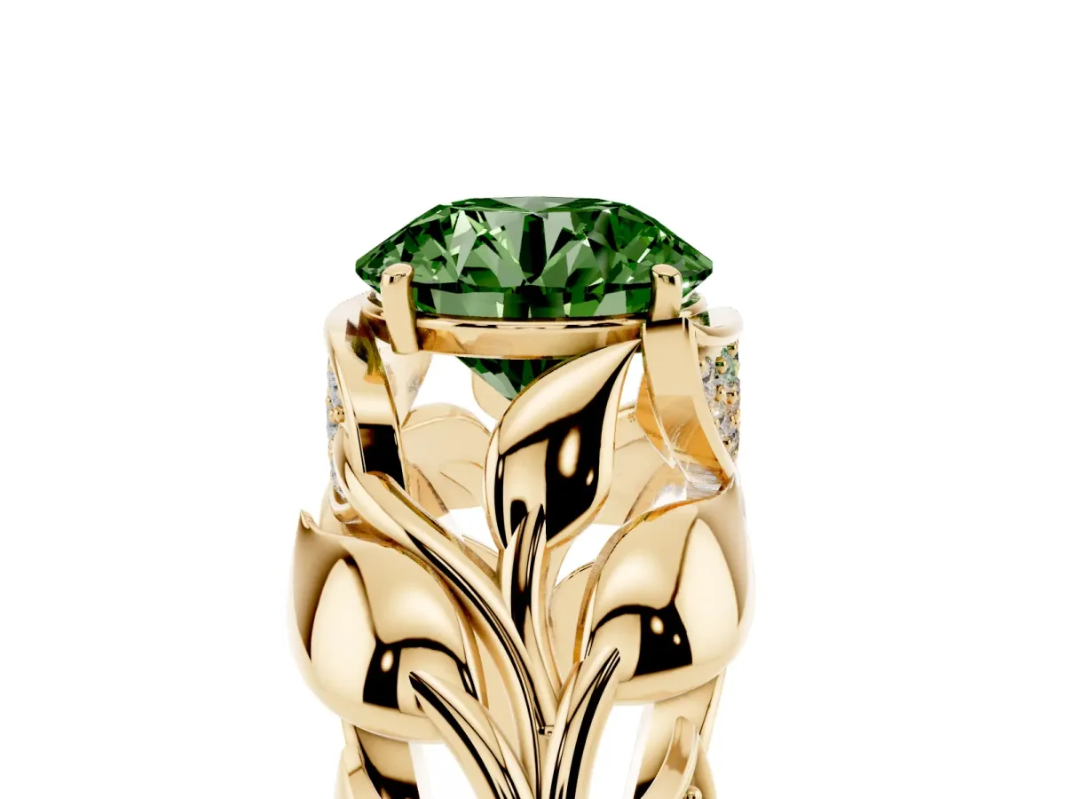 Fancy Green Round Cut Diamond Leaf-Inspired Engagement Ring with Round Accents and Prong Setting Yellow gold