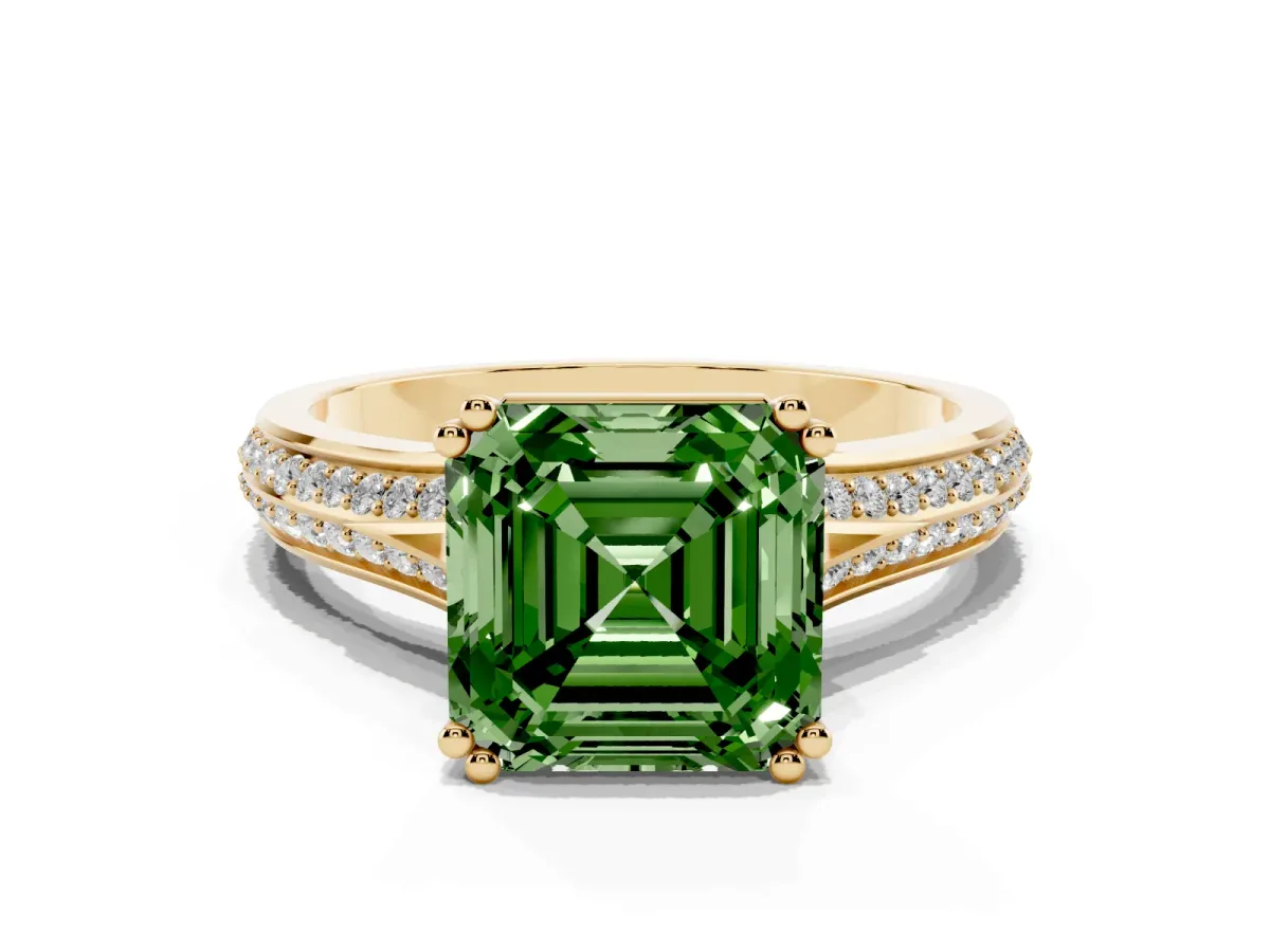 Fancy Green Asscher Cut Diamond Split Shank Engagement Ring with Pavé Band Yellow gold