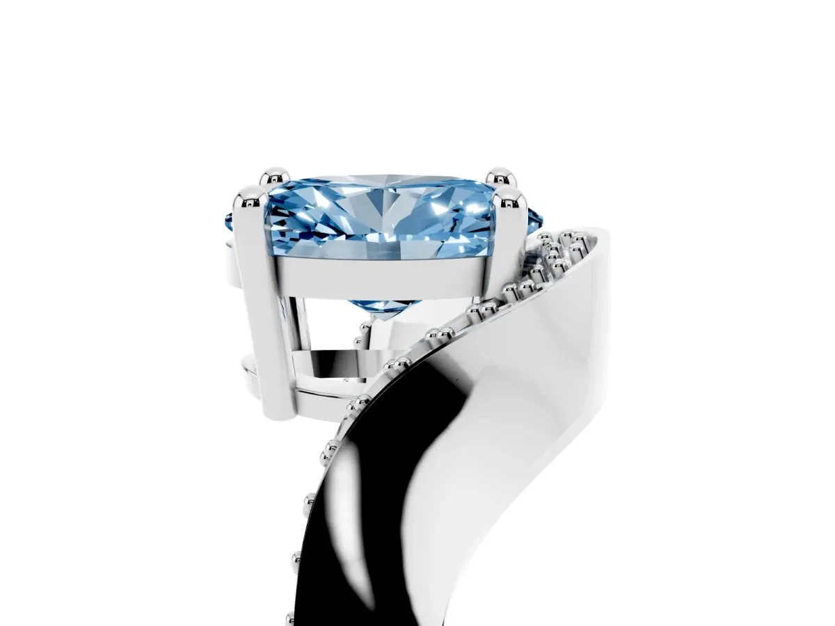 Fancy Blue Oval Cut Solitaire Diamond Engagement Ring with Pave Band and Four-Prong Setting Silver