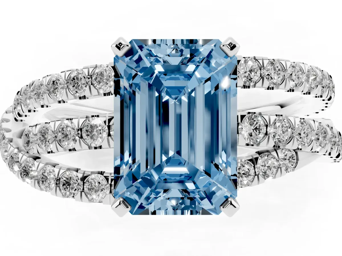 Fancy Blue Emerald Cut Solitaire Twist Band with Pavé Setting and Four-Prong Setting Silver