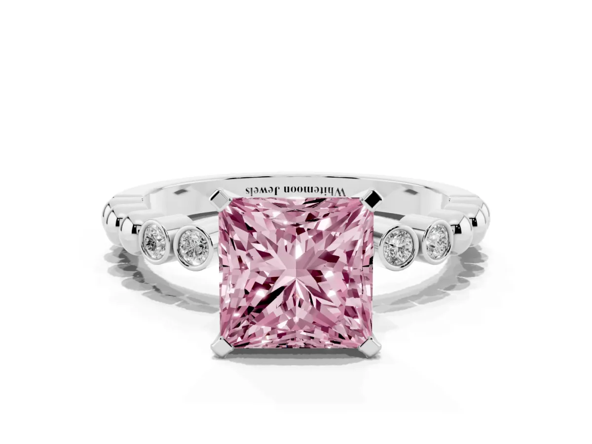 Fancy Pink Princess Cut Solitaire Bezel Accent Diamond Engagement Ring with Beaded Band and Four-Prong Setting Silver
